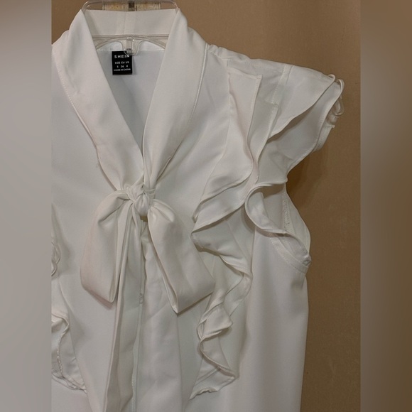 SHEIN Elegant White Ruffled Blouse Neck Tie Sz Small - Picture 3 of 7